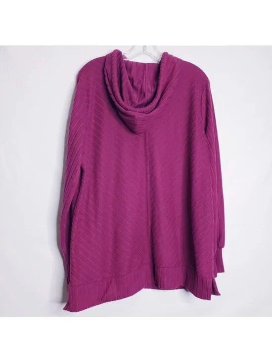 Nine West Purple Ribbed Knit Hooded Pullover Hoodie Tunic Top Women's Size XL - Picture 4 of 7